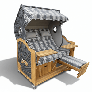 113 Strandkorb Prieß Modell Meister Iroko Holz, PE Geflecht dunkelgrau, Dessin hellgrau gestreift, 150 cm