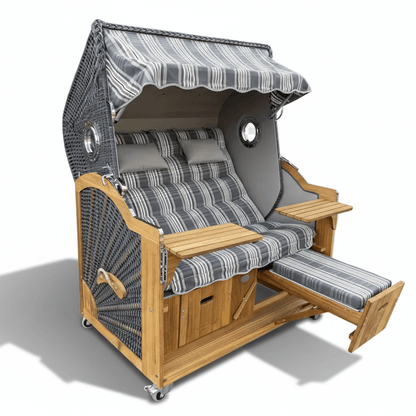 113 Strandkorb Prieß Modell Meister Iroko Holz, PE Geflecht dunkelgrau, Dessin hellgrau gestreift, 150 cm