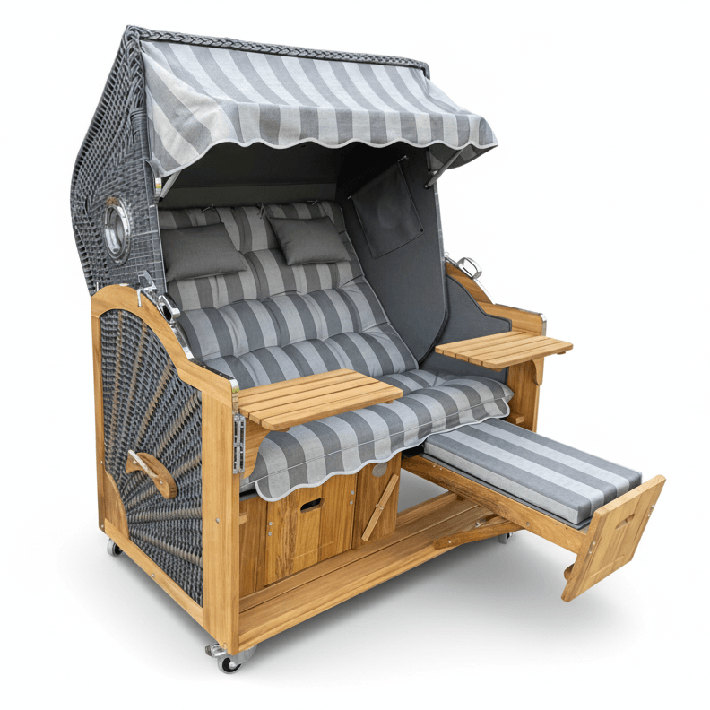 114 Strandkorb Prieß Modell Meister Iroko Holz, PE Geflecht dunkelgrau, Dessin hellgrau, 150 cm