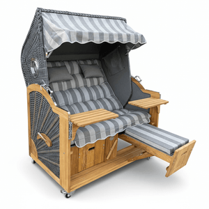 114 Strandkorb Prieß Modell Meister Iroko Holz, PE Geflecht dunkelgrau, Dessin hellgrau, 150 cm