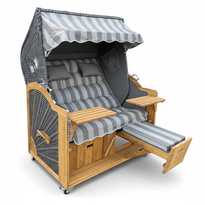 114 Strandkorb Prieß Modell Meister Iroko Holz, PE Geflecht dunkelgrau, Dessin hellgrau, 150 cm