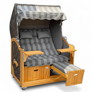 6016 Strandkorb Prieß, Modell Meister, Foto zeigt Lärche Holz, PE-Geflecht cappuccino, Größe wählbar, Stoff-Dessin wie abgebildet