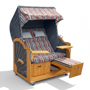 6023 Strandkorb Prieß, Modell Meister, Foto zeigt Lärche Holz, PE-Geflecht dunkelgrau, Größe wählbar, Stoff-Dessin wie abgebildet