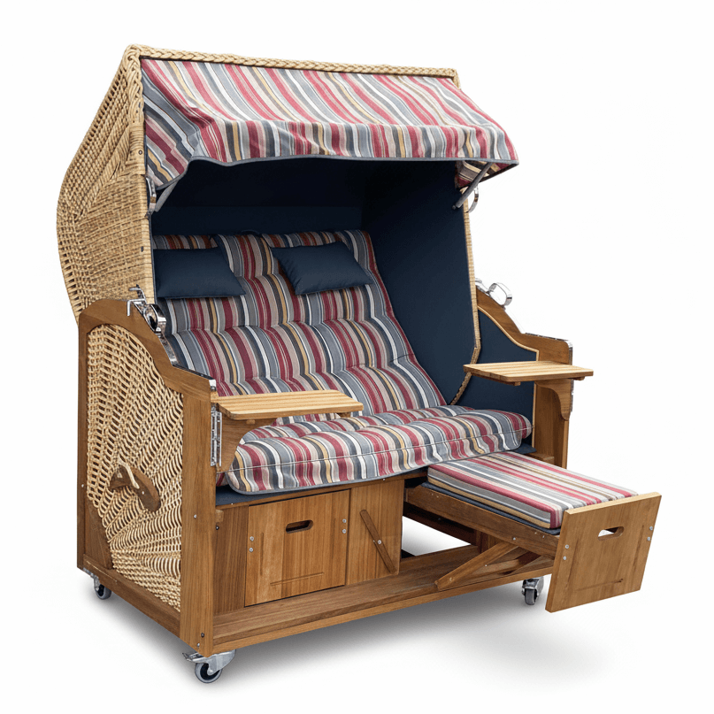 6025 Strandkorb Prieß, Modell Meister, Foto zeigt Iroko Holz, PE-Geflecht natur, Größe wählbar, Stoff-Dessin wie abgebildet