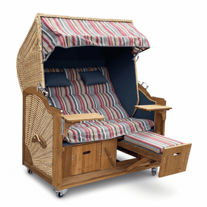 6025 Strandkorb Prieß, Modell Meister, Foto zeigt Iroko Holz, PE-Geflecht natur, Größe wählbar, Stoff-Dessin wie abgebildet