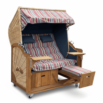 6025 Strandkorb Prieß, Modell Meister, Foto zeigt Iroko Holz, PE-Geflecht natur, Größe wählbar, Stoff-Dessin wie abgebildet