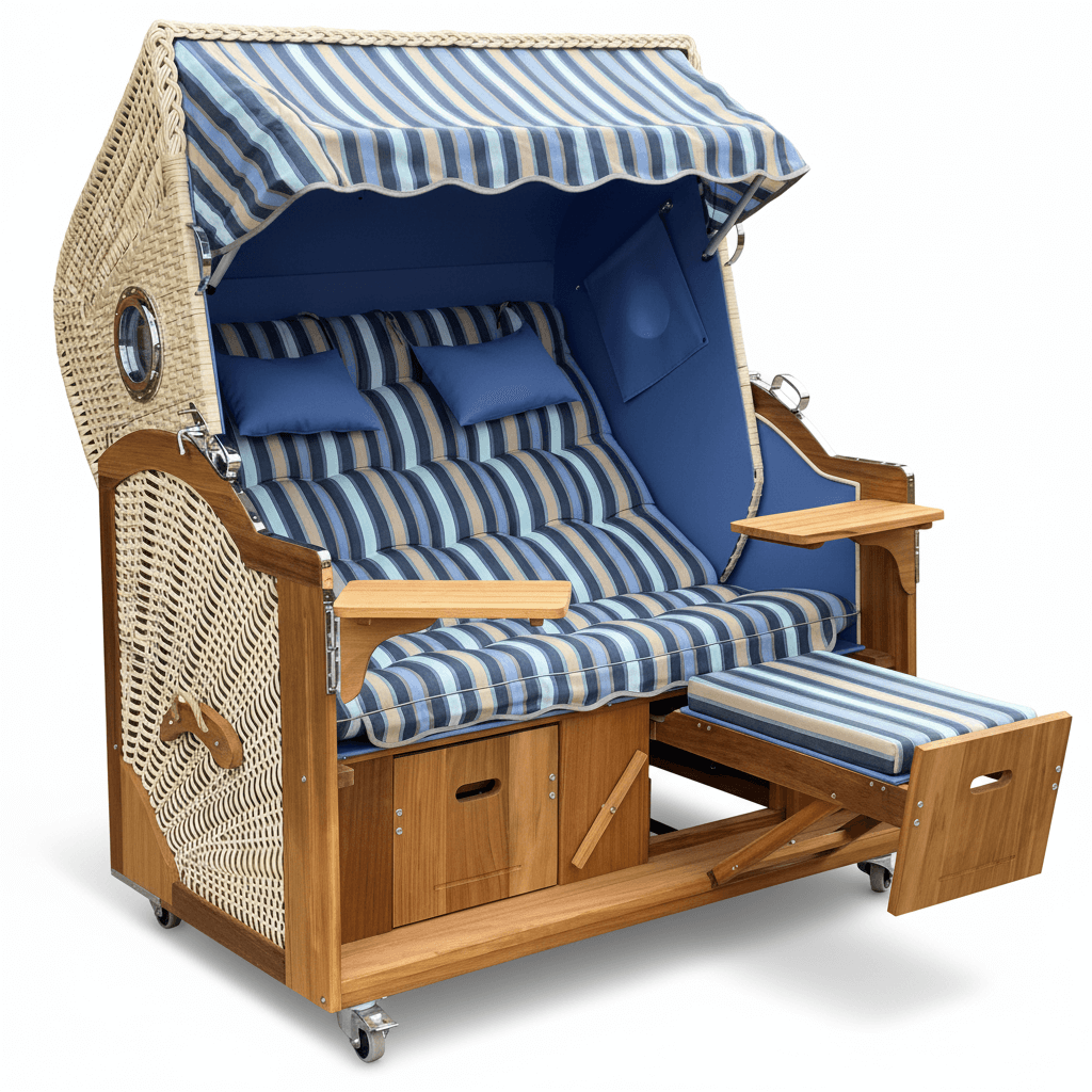 6062 Strandkorb Prieß, Modell Meister, Foto zeigt Iroko Holz, PE-Geflecht taupe, Größe wählbar, Stoff-Dessin wie abgebildet