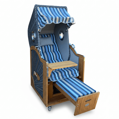 6026 Strandkorb Prieß, Modell Meister, Foto zeigt Iroko Holz, PE-Geflecht dunkelgrau, Größe wählbar, Stoff-Dessin wie abgebildet