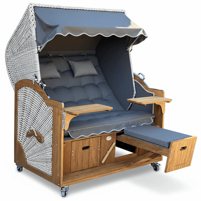 6019 Strandkorb Prieß, Modell Meister, Foto zeigt Iroko Holz, PE-Geflecht taupe, Größe wählbar, Stoff-Dessin wie abgebildet