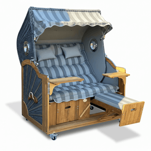 6018 Strandkorb Prieß, Modell Meister, Foto zeigt Iroko Holz, PE-Geflecht dunkelgrau, Größe wählbar, Stoff-Dessin wie abgebildet