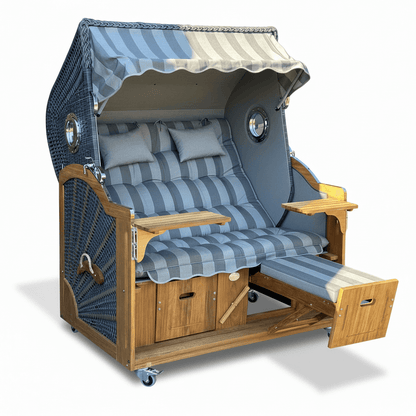 6018 Strandkorb Prieß, Modell Meister, Foto zeigt Iroko Holz, PE-Geflecht dunkelgrau, Größe wählbar, Stoff-Dessin wie abgebildet