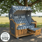 6018 Strandkorb Prieß, Modell Meister, Foto zeigt Iroko Holz, PE-Geflecht dunkelgrau, Größe wählbar, Stoff-Dessin wie abgebildet