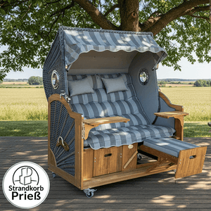 6018 Strandkorb Prieß, Modell Meister, Foto zeigt Iroko Holz, PE-Geflecht dunkelgrau, Größe wählbar, Stoff-Dessin wie abgebildet