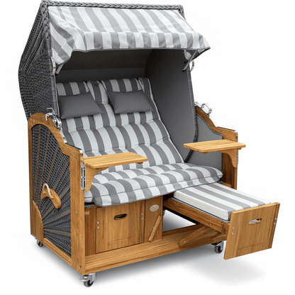 6017 Strandkorb Prieß, Modell Meister, Foto zeigt Iroko Holz, PE-Geflecht dunkelgrau, Größe wählbar, Stoff-Dessin wie abgebildet