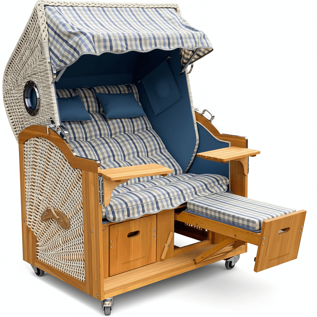 6002 Strandkorb Prieß, Modell Meister, Foto zeigt Lärche Holz, PE Geflecht taupe, Größe wählbar, Bullaugen, wie abgebildet