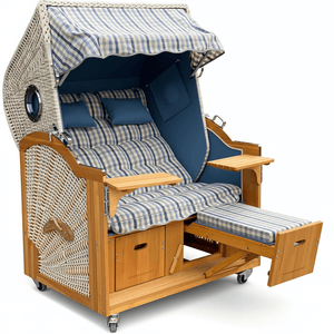 6002 Strandkorb Prieß, Modell Meister, Foto zeigt Lärche Holz, PE Geflecht taupe, Größe wählbar, Bullaugen, wie abgebildet