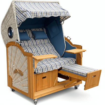 6002 Strandkorb Prieß, Modell Meister, Foto zeigt Lärche Holz, PE Geflecht taupe, Größe wählbar, Bullaugen, wie abgebildet