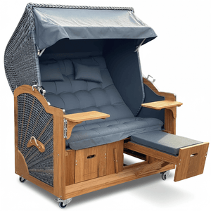 6014 Strandkorb Prieß, Modell Meister, Foto zeigt Iroko Holz, PE-Geflecht dunkelgrau, Größe wählbar, Stoff-Dessin wie abgebildet