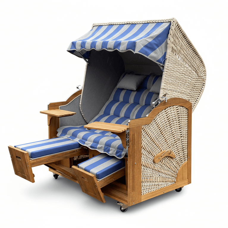 6057 Strandkorb Prieß, Modell Meister, Foto zeigt Iroko Holz, PE-Geflecht taupe, Größe wählbar, Stoff-Dessin wie abgebildet