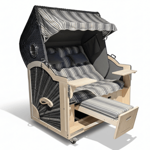 Strandkorb Prieß Komplettpaket A101 Meister aus Lärche mit dunkelgrauem PE-Geflecht und Polstern in Vintage-Streifenoptik