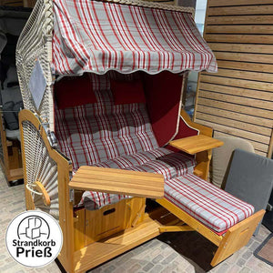 7015 Strandkorb Prieß Modell Meister, Foto zeigt Lärche Holz, PE Geflecht taupe, Größe wählbar, Stoffdessin wie abgebildet - Strandkorb Fachhandel Prieß