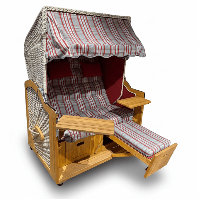 7015 Strandkorb Prieß Modell Meister, Foto zeigt Lärche Holz, PE Geflecht taupe, Größe wählbar, Stoffdessin wie abgebildet