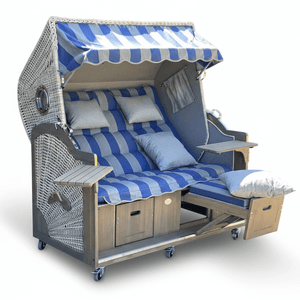 7017 Strandkorb Prieß Modell Meister, Foto zeigt Lärche Holz Vintage grau lasiert, PE Geflecht taupe, Größe wählbar, Stoffdessin wie abgebildet