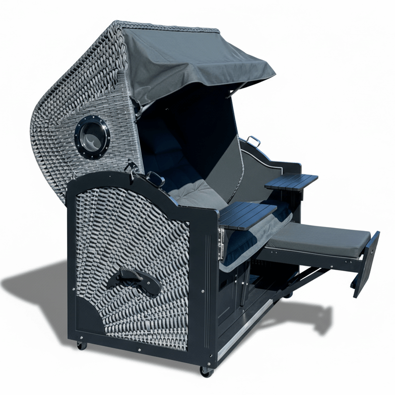 Strandkorb Prieß Modell Meister 7028 aus Lärche schwarz lackiert mit dunkelgrauem PE Geflecht und verstellbarer Liegefunktion