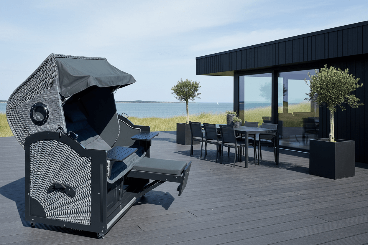 Strandkorb Prieß Modell Meister aus Lärche schwarz, PE Geflecht dunkelgrau auf moderner Terrasse mit Meerblick