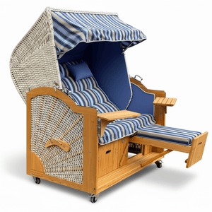 7029 Strandkorb Prieß Modell Meister, Foto zeigt Lärche Holz, PE Geflecht taupe, Größe wählbar, Stoffdessin wie abgebildet