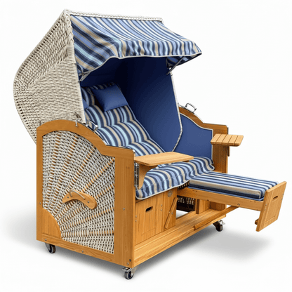 7029 Strandkorb Prieß Modell Meister, Foto zeigt Lärche Holz, PE Geflecht taupe, Größe wählbar, Stoffdessin wie abgebildet