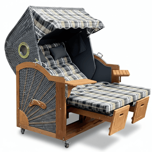 7030 Strandkorb Prieß Modell Meister, Foto zeigt Iroko Holz, PE Geflecht dunkelgrau, Größe wählbar, Stoffdessin wie abgebildet