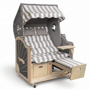 7031 Strandkorb Prieß Modell Meister, Foto zeigt Lärche Holz Vintage grau lasiert, PE Geflecht dunkelgrau, Größe wählbar, Stoffdessin wie abgebildet