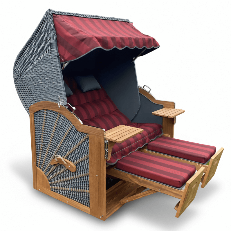 7032 Strandkorb Prieß Modell Meister, Foto zeigt Iroko Holz, PE Geflecht dunkelgrau, Größe wählbar, Stoffdessin wie abgebildet