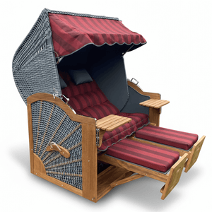 7032 Strandkorb Prieß Modell Meister, Foto zeigt Iroko Holz, PE Geflecht dunkelgrau, Größe wählbar, Stoffdessin wie abgebildet