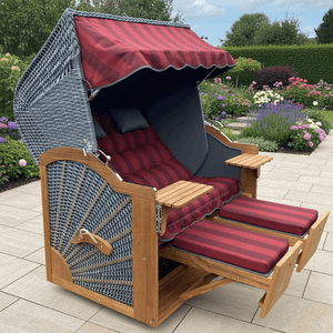 7032 Strandkorb Prieß Modell Meister, Foto zeigt Iroko Holz, PE Geflecht dunkelgrau, Größe wählbar, Stoffdessin wie abgebildet