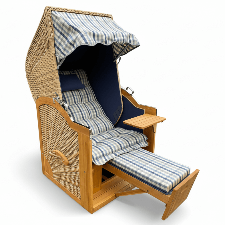 7036 Strandkorb Prieß Modell Meister, Foto zeigt Lärche Holz, PE Geflecht naturoptik, Größe wählbar, Stoffdessin wie abgebildet