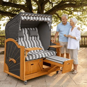 7038 Strandkorb Prieß Modell Meister, Foto zeigt Lärche Holz, PE Geflecht dunkelgrau, Größe wählbar, Stoffdessin wie abgebildet