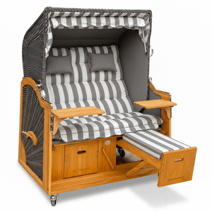 7038 Strandkorb Prieß Modell Meister, Foto zeigt Lärche Holz, PE Geflecht dunkelgrau, Größe wählbar, Stoffdessin wie abgebildet