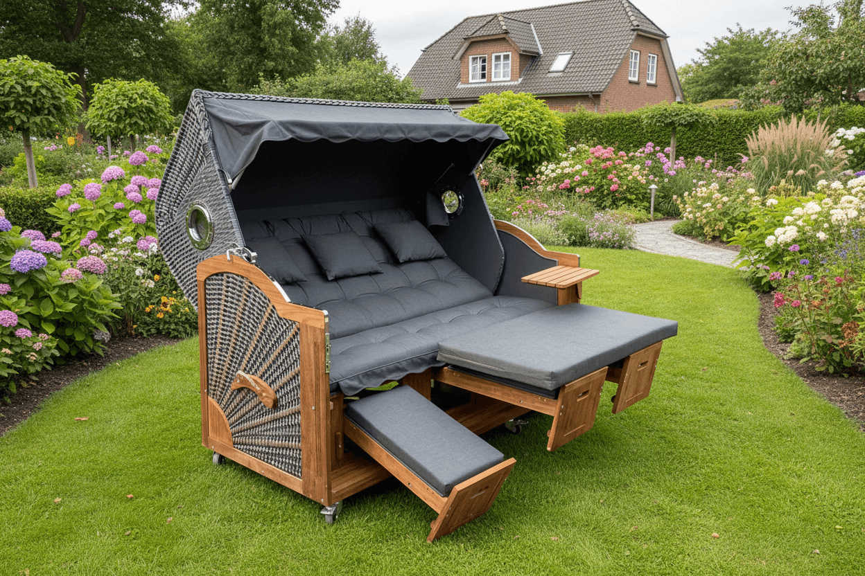 7039 Strandkorb Prieß Modell Meister, Foto zeigt Iroko Holz, PE Geflecht dunkelgrau, Größe wählbar, Stoffdessin grau im Garten