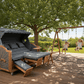 7039 Strandkorb Prieß Modell Meister, Foto zeigt Iroko Holz, PE Geflecht dunkelgrau, Größe wählbar, Stoffdessin grau