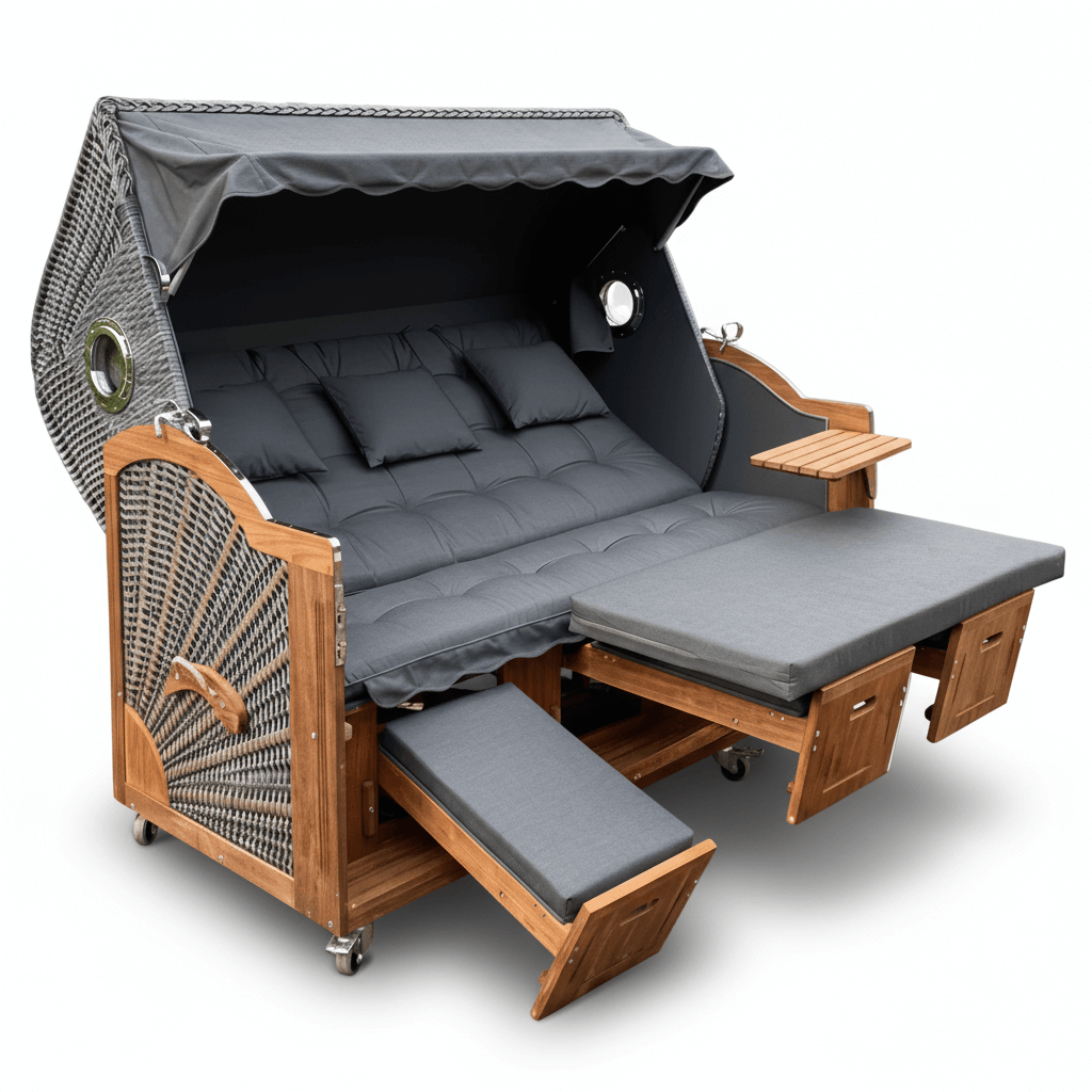 7039 Strandkorb Prieß Modell Meister, Foto zeigt Iroko Holz, PE Geflecht dunkelgrau, Größe wählbar, Stoffdessin grau