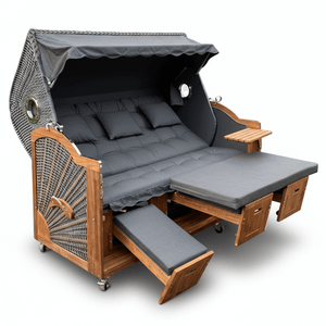 7039 Strandkorb Prieß Modell Meister, Foto zeigt Iroko Holz, PE Geflecht dunkelgrau, Größe wählbar, Stoffdessin grau