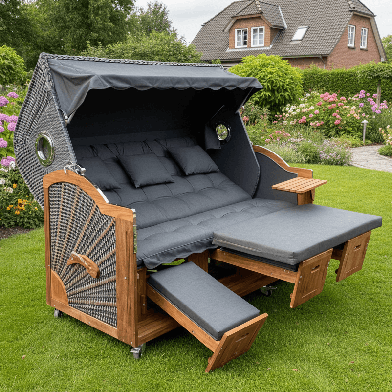 7039 Strandkorb Prieß Modell Meister, Foto zeigt Iroko Holz, PE Geflecht dunkelgrau, Größe wählbar, Stoffdessin grau