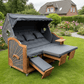 7039 Strandkorb Prieß Modell Meister, Foto zeigt Iroko Holz, PE Geflecht dunkelgrau, Größe wählbar, Stoffdessin grau im Garten