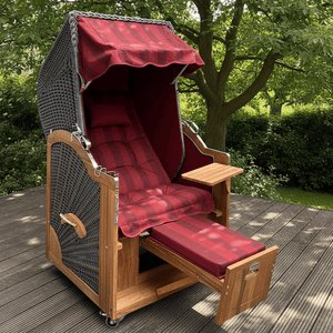7040 Strandkorb Prieß Modell Meister, Foto zeigt Iroko Holz, PE Geflecht dunkelgrau, Größe wählbar, Stoffdessin bordeaux gestreift