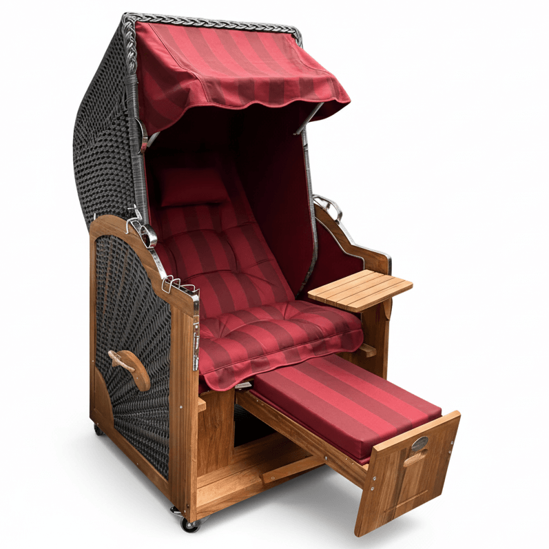 7040 Strandkorb Prieß Modell Meister, Foto zeigt Iroko Holz, PE Geflecht dunkelgrau, Größe wählbar, Stoffdessin bordeaux gestreift