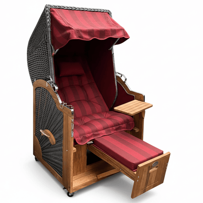 7040 Strandkorb Prieß Modell Meister, Foto zeigt Iroko Holz, PE Geflecht dunkelgrau, Größe wählbar, Stoffdessin bordeaux gestreift