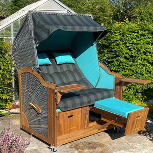 Strandkorb Prieß, Modell Meister aus Iroko Holz, dunkelgraues PE Geflecht, anthrazit türkis Stoffdessin, wählbare Größe.