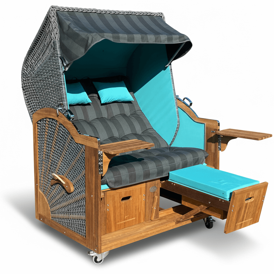 7041 Strandkorb Prieß Modell Meister, Foto zeigt Iroko Holz, PE Geflecht dunkelgrau, Größe wählbar, Stoffdessin anthrazit türkis